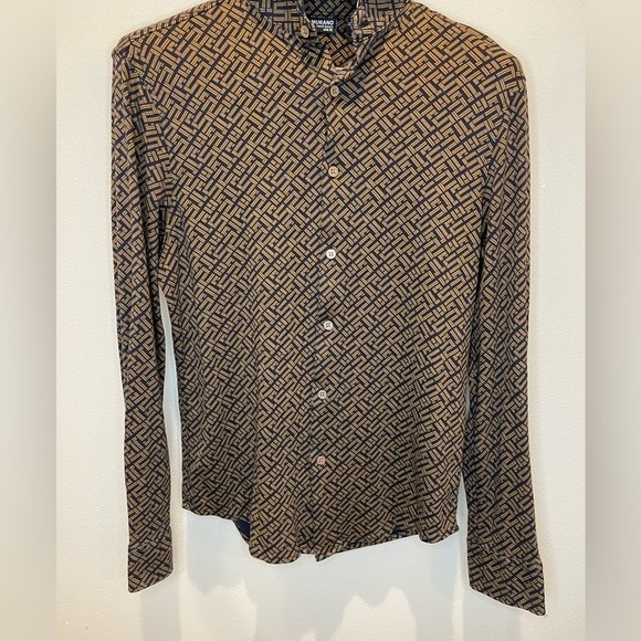 Murano Liquid Luxury Slim Fit Geometric Button Up Navy Blue Brown size M - Picture 10 of 13